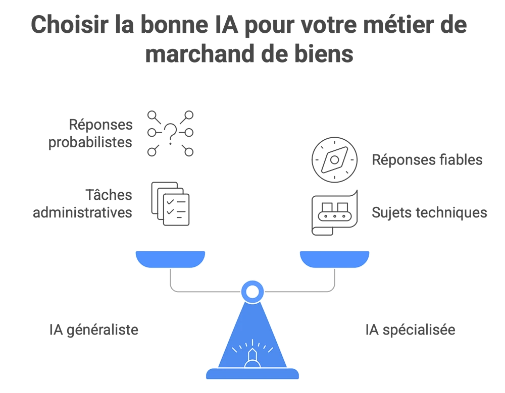Schéma comparatif "IA généraliste vs IA spécialisée" avec exemples de cas d'usage pertinents pour MDB
