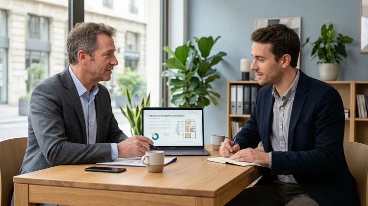 Expert en immobilier accompagnant un marchand de biens lors d'une session de conseil personnalisée