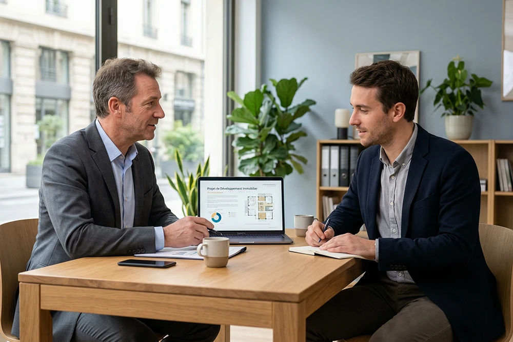 Expert en immobilier accompagnant un marchand de biens lors d'une session de conseil personnalisée