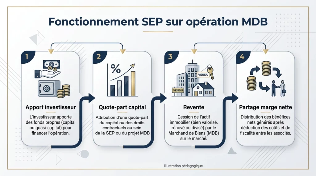Schéma fonctionnement SEP marchand de biens : apport investisseur, quote-part capital, revente bien immobilier, partage marge nette