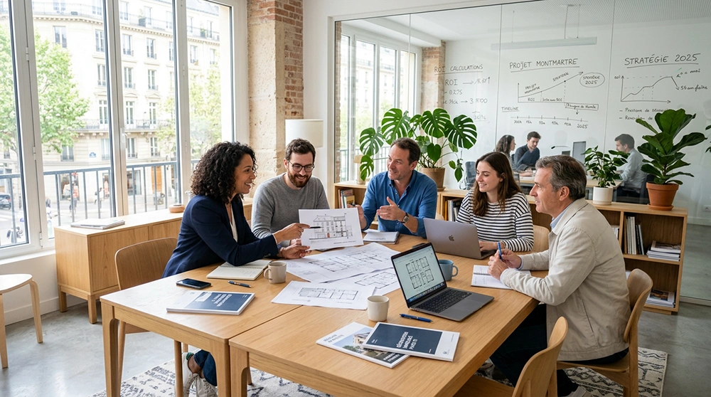 Atelier de marchands de biens analysant un projet immobilier dans le cadre d’un guide technique