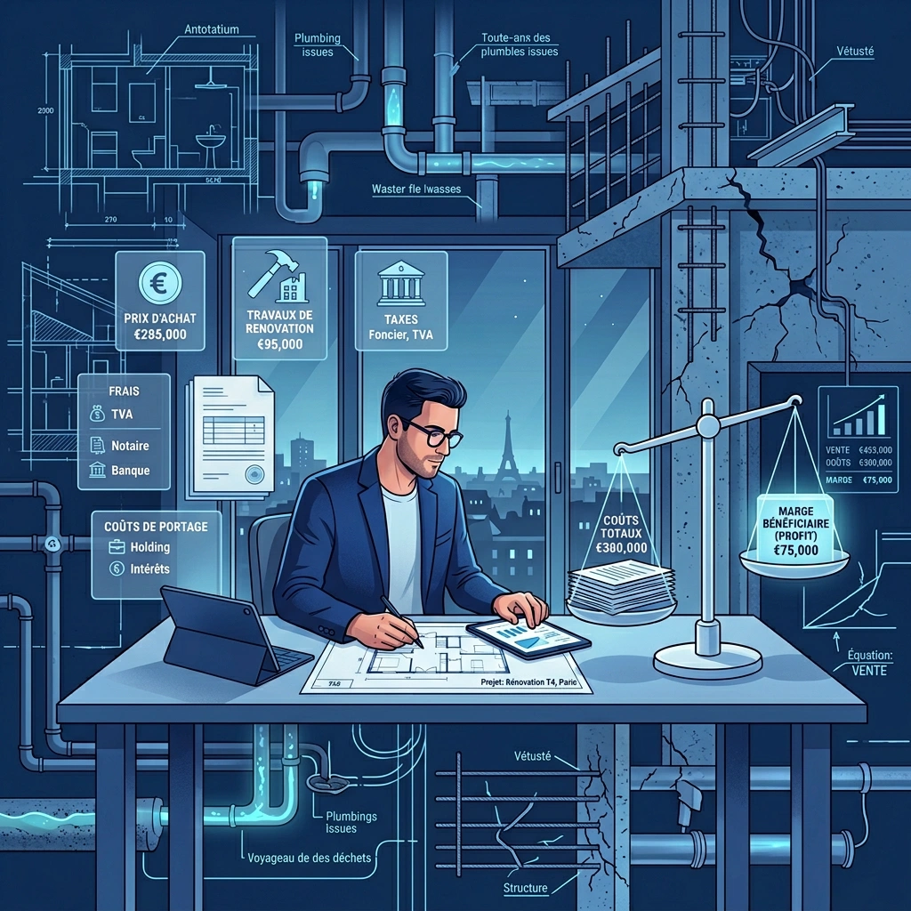 Schéma illustrant l'impact du risque technique sur la marge du marchand de biens