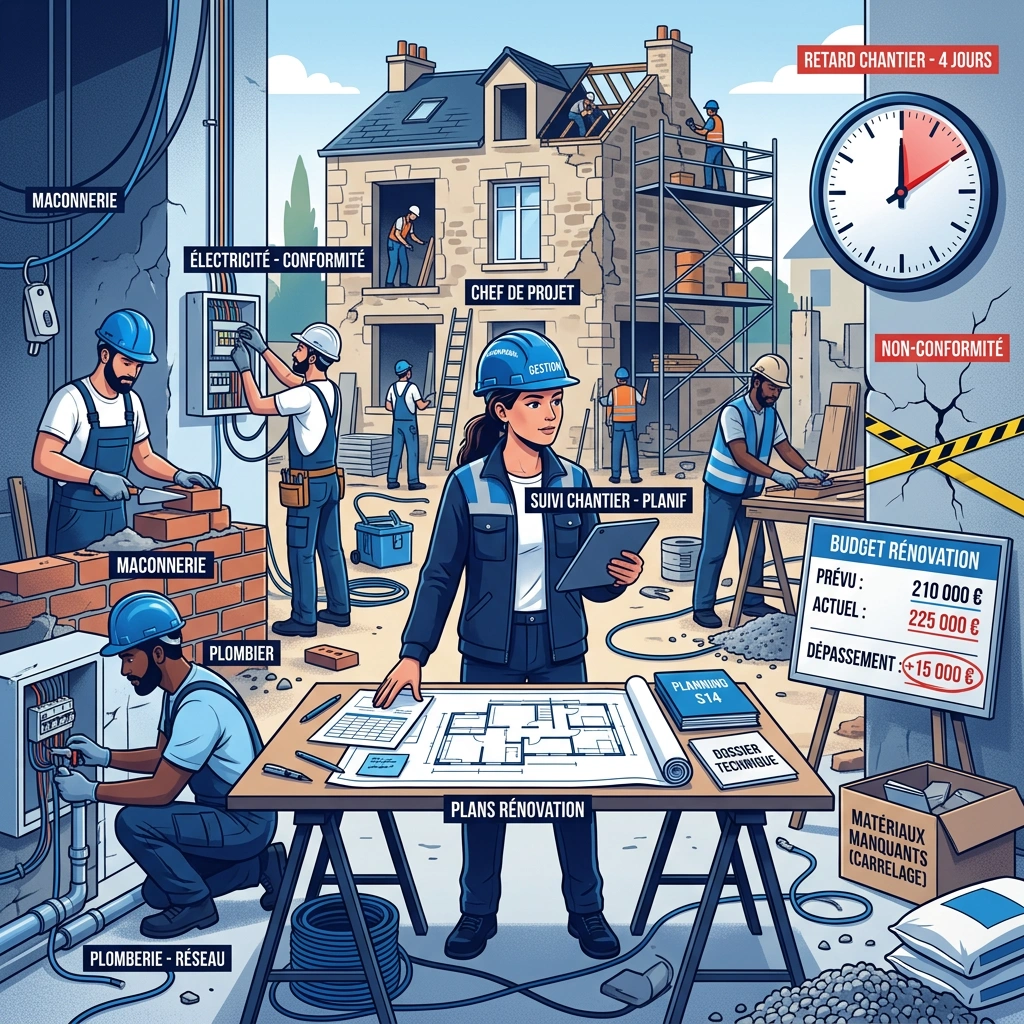 Illustration du pilotage de chantier montrant les risques de dérives de coûts et de délais dans un projet immobilier