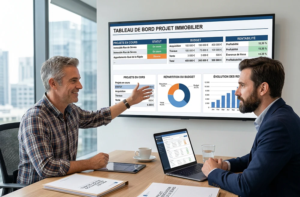 Séance de suivi personnalisé entre coach et marchand de biens avec tableau de bord projet immobilier