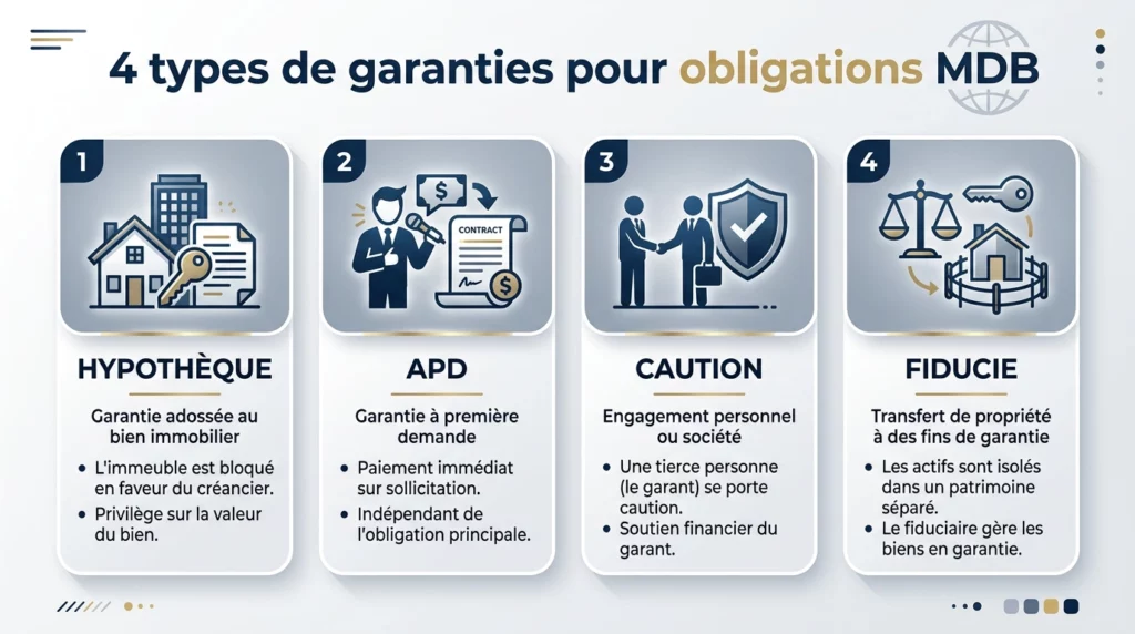 Infographie 4 types de garanties pour obligations marchand de biens : hypothèque, APD garantie à première demande, caution solidaire, fiducie-sûreté