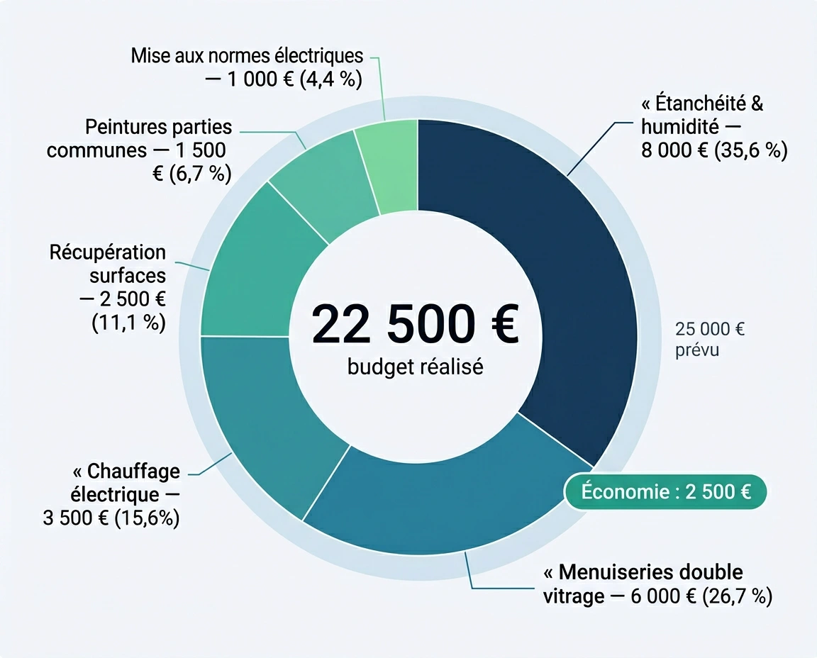 Répartition du budget travaux de 22 500 € pour un flip d'immeuble de rapport. 6 postes détaillés avec pourcentages pour maximiser la marge marchand de biens