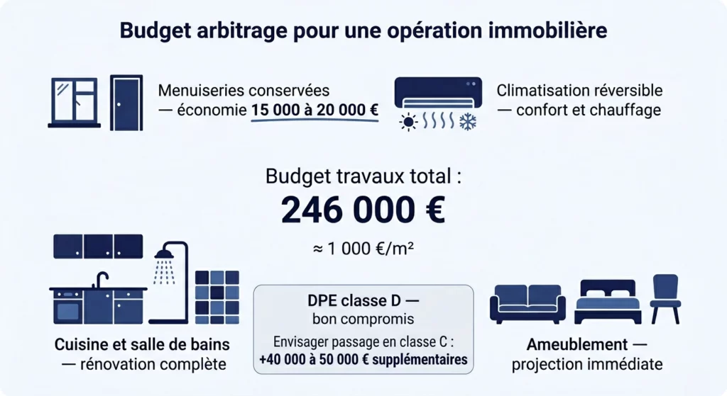 Infographie du budget de travaux immobilier avec répartition des postes et arbitrages énergétiques DPE