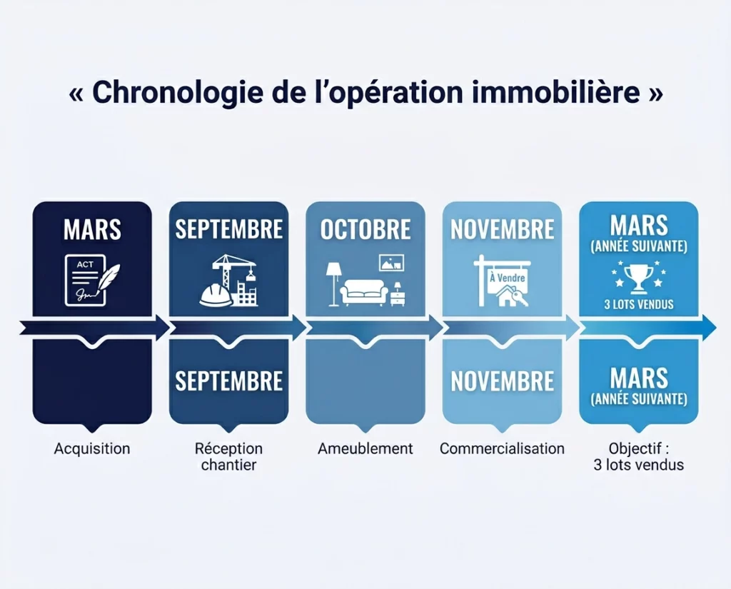Calendrier d'une opération de division de bâtiment marchand de biens de l'acquisition à la vente en 12 mois