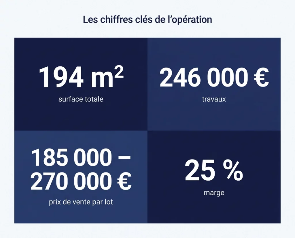 Chiffres clés d'une opération de division de bâtiment marchand de biens à Bordeaux : 194 m², 246 000 € de travaux, marge 25 %