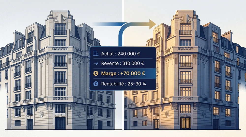 Illustration d’un flip d’immeuble de rapport avec achat, revente et marge réalisée
