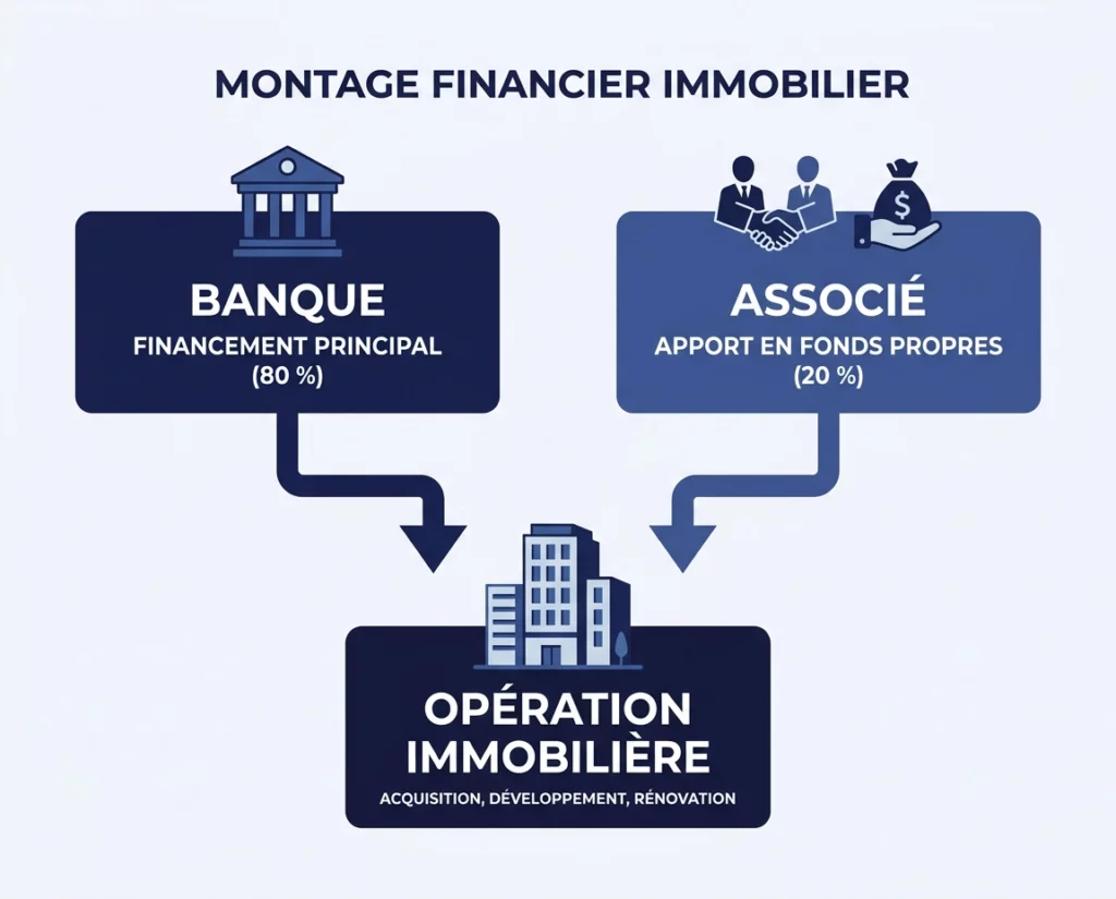 Infographie du montage financier 80/20 et répartition des rôles dans une association marchand de biens