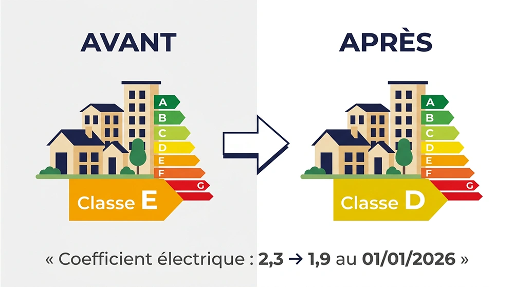 Infographie comparatif DPE avant après travaux logement de moins de 40 m² passent de classe E à classe D grâce à l'optimisation énergétique