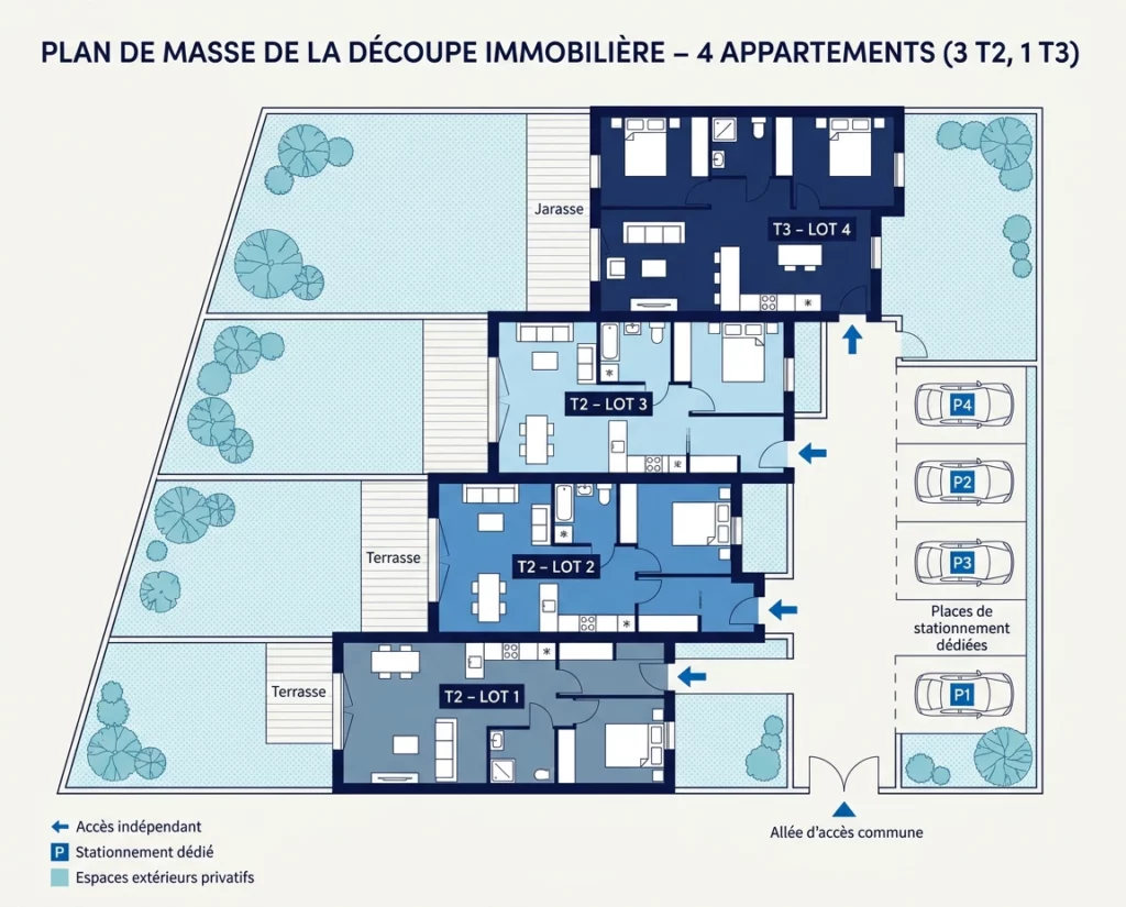 Plan de division d'une maison en 4 logements T2 et T3 avec stationnements privatifs opération marchand de biens Bordeaux