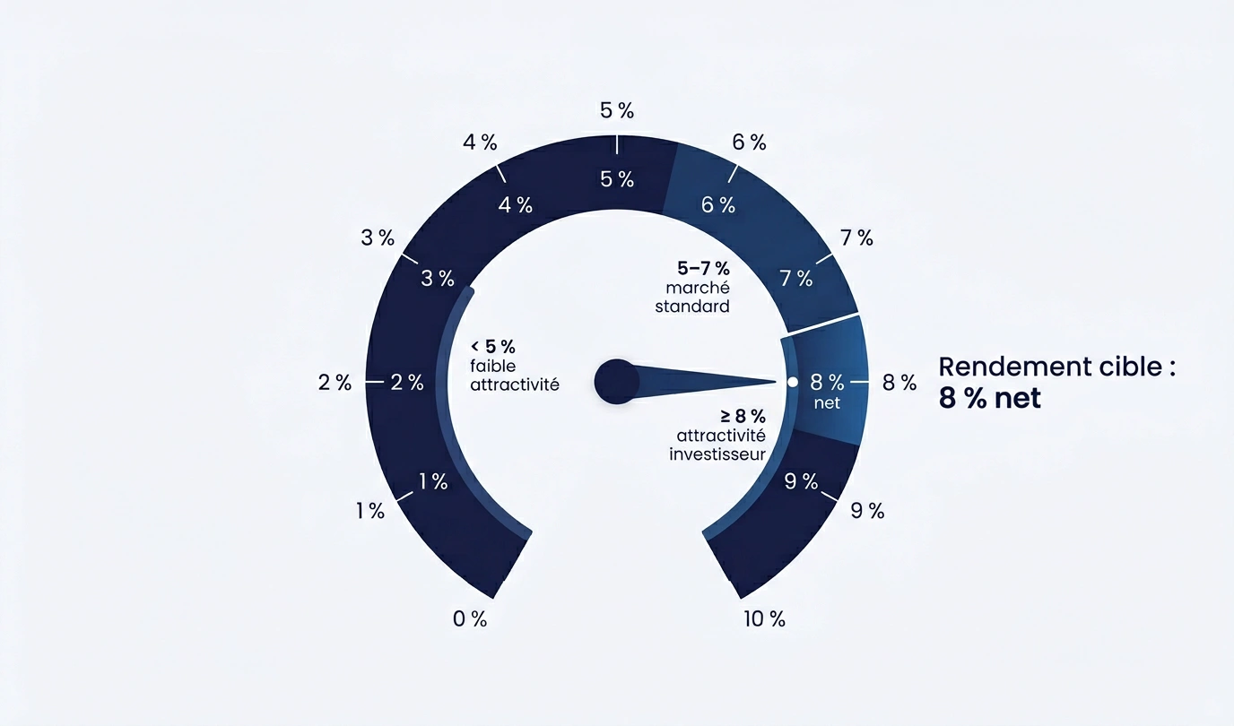 Infographie du rendement locatif cible de 8 % net pour un investissement immobilier attractif