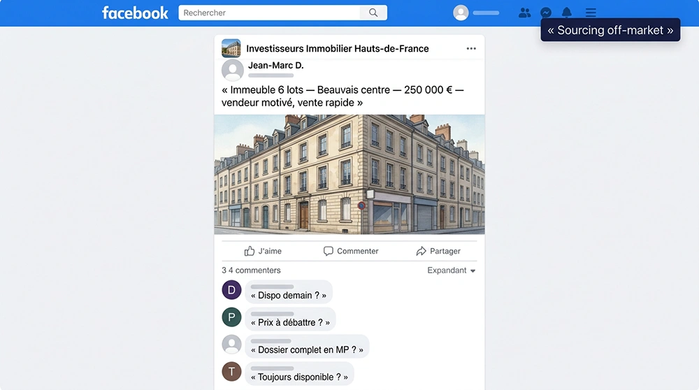 Annonce immeuble de rapport sur un groupe Facebook investissement immobilier : sourcing off-market marchand de biens